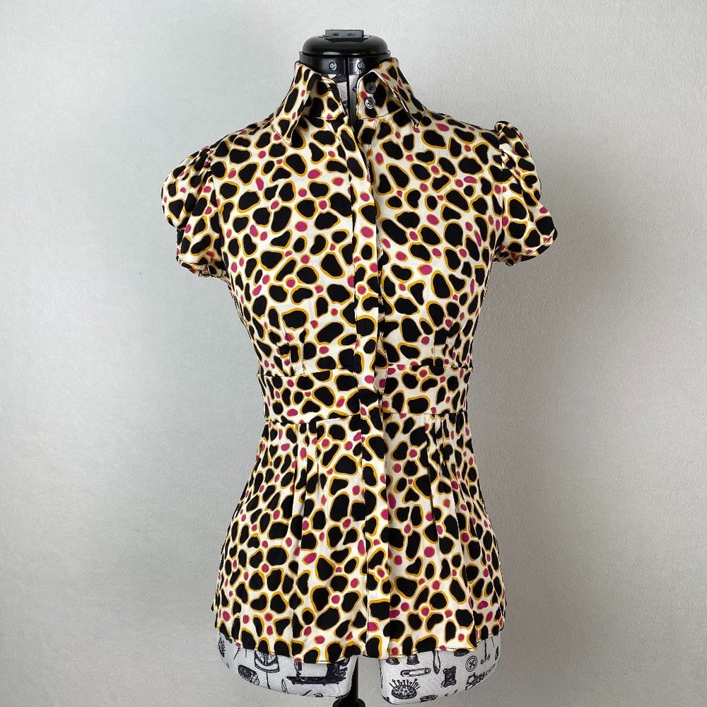 Diane Von Furstenberg Pink/Yellow Animal Print Blouse, Puff Sleeves, Size 0